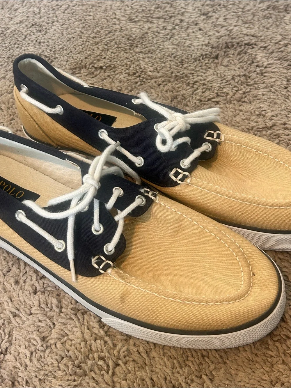 Polo by Ralph Lauren Franz Men’s Two-Tone Canvas Boat Shoes in Tan & Navy